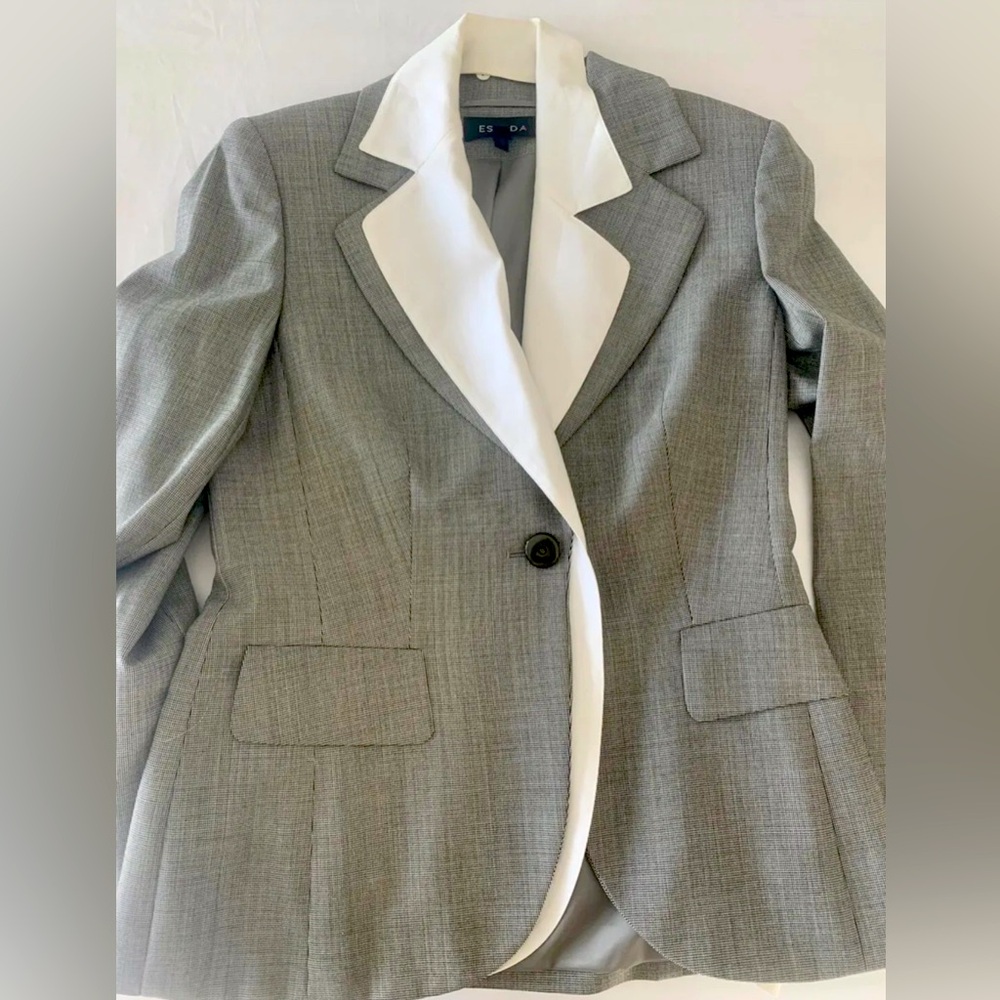 ESCADA Blazer 8 / 38 Black White Check w Faux Shirt Lace Cuffs Lightweight Wool